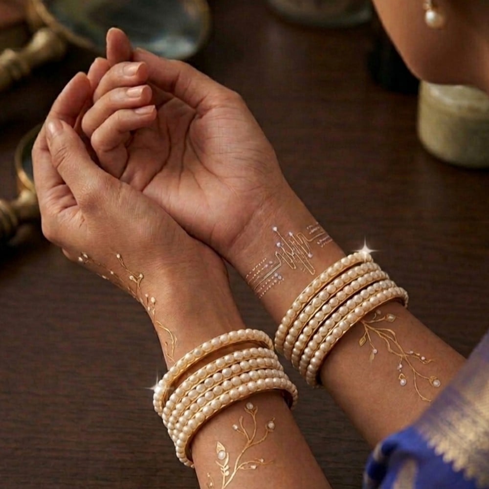 Handcrafted Pearl Bangles in Alloy Metal and Glass Beads